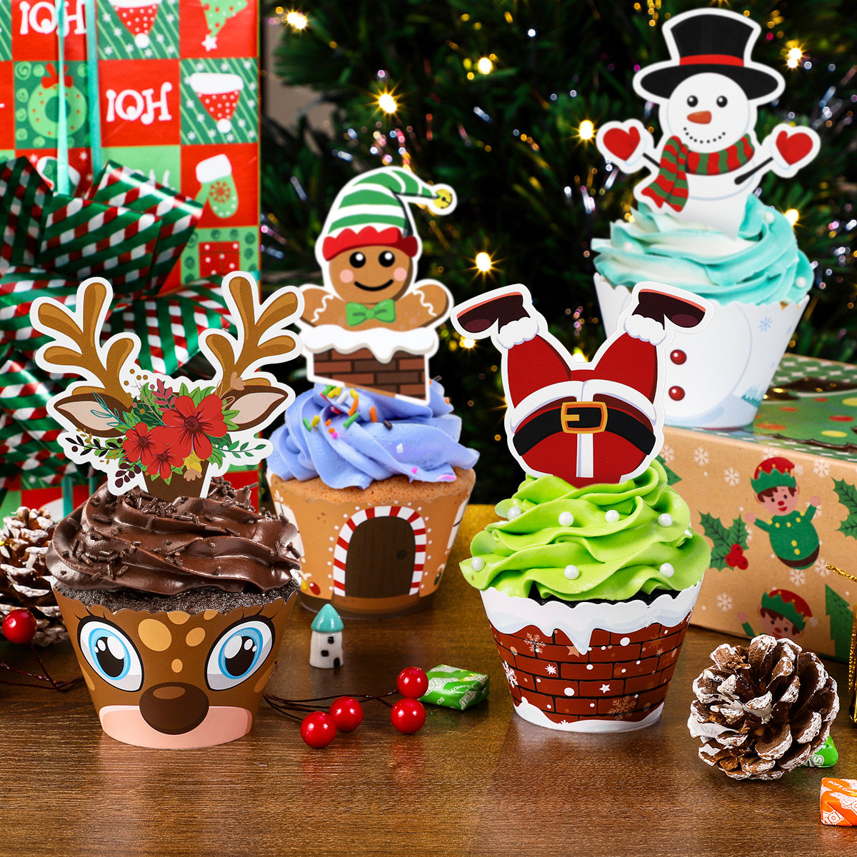 pixnor 36 Sets Christmas Cupcake Toppers And Wrappers Cupcake Cake Decorating Picks Home Party Decor Christmas Party Supplies Favors